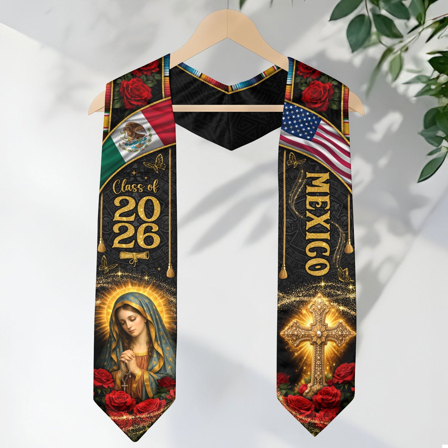Mexico Graduation Stole Class of 2026 Virgin Mary Guadalupe Cross Serape Mexican Flag