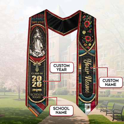 Mexican Heritage Graduation Stole 2026 - Custom Name Floral Embroidered Virgin Mary Sash