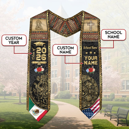 Mexico Graduation Stole 2026 Aztec Calendar Virgin Mary Personalized Sash Gift