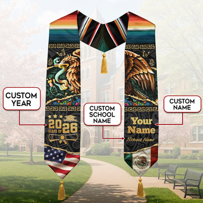 Custom Aztec Eagle Mexico Graduation Stole Tassel Class of 2026 Mexican American Sash