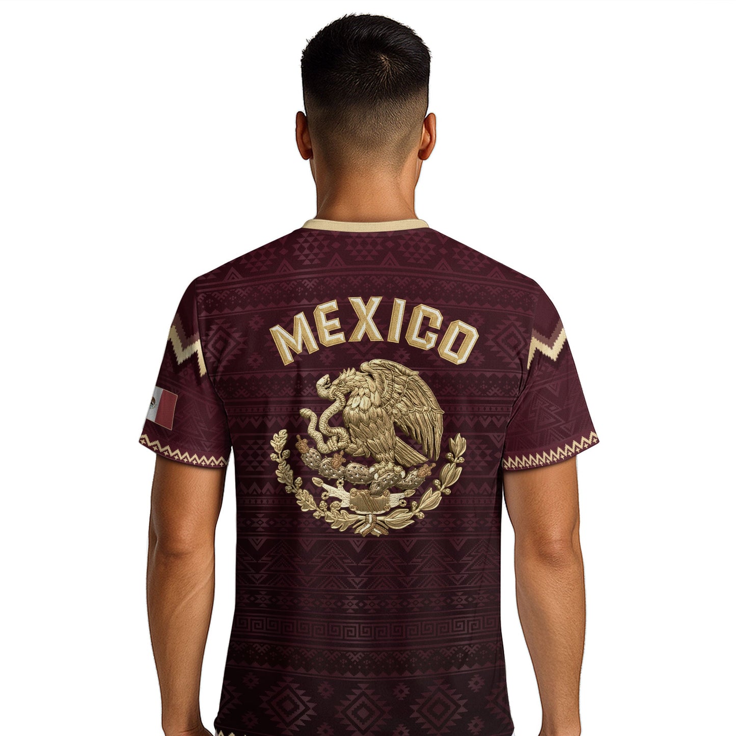 Mexico Heritage Soccer Jersey, Maroon Burgundy Gold Aztec Eagle Design Sports Jersey for Men