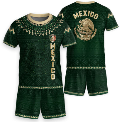 Mexico Soccer Jersey Kids Set Green Gold Aztec Calendar Youth Football Shirt Shorts