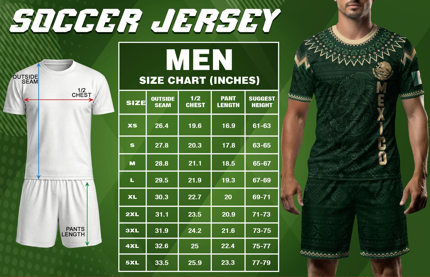 Mexico Heritage Soccer Jersey, Green Gold Aztec Calendar Design Sports Jersey for Men