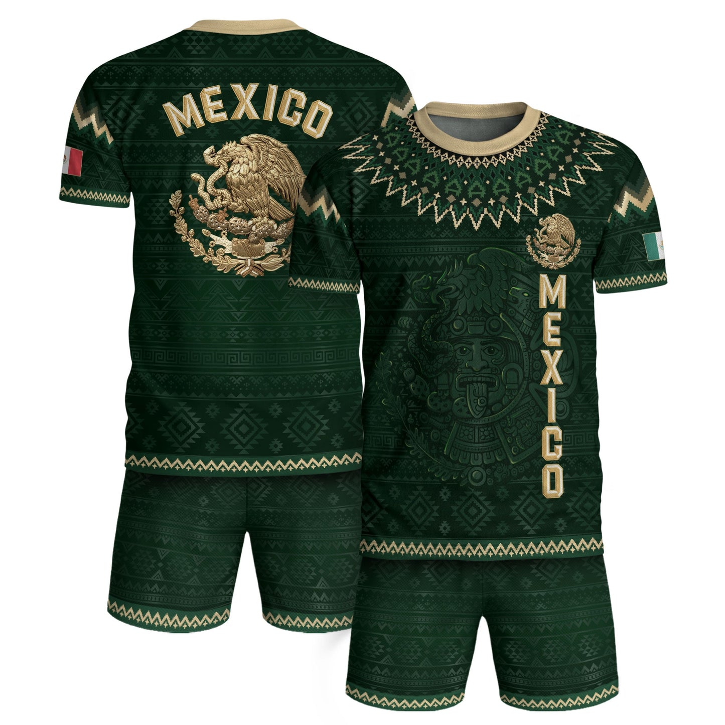 Mexico Heritage Soccer Jersey, Green Gold Aztec Calendar Design Sports Jersey for Men