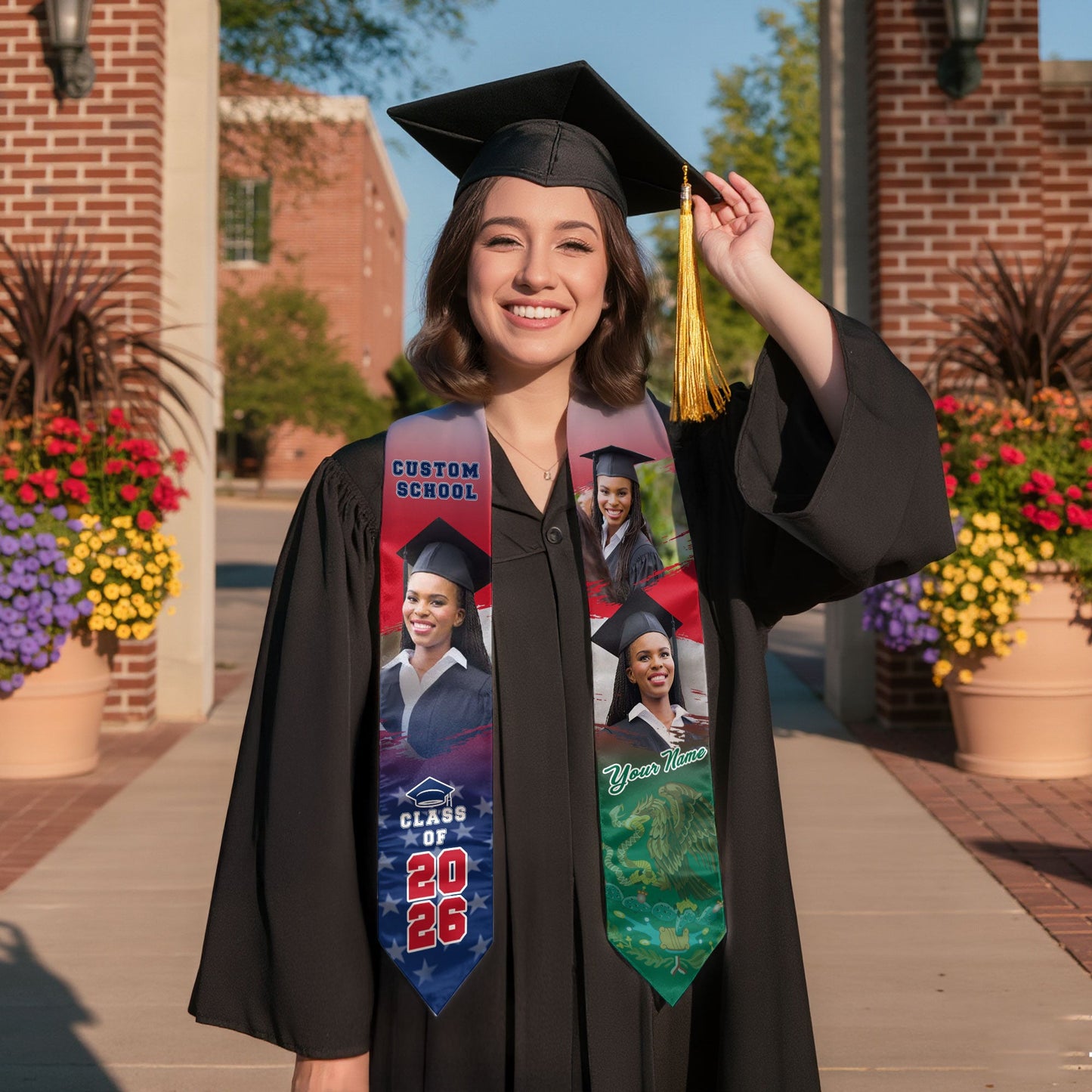 Custom Mexican Graduation Stole 2026 Mexico USA Flag Photo Graduation Sash