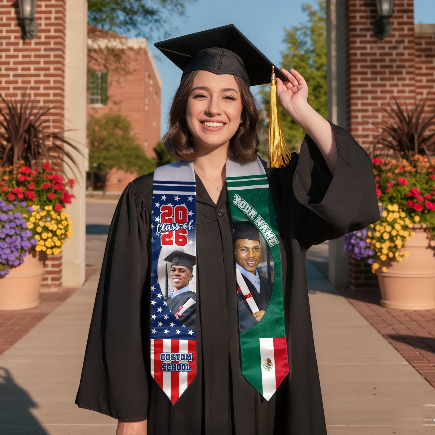 Custom Mexican Graduation Stole 2026 Mexico Flag USA Stars Photo Name School