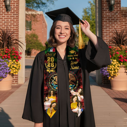 Mexican Aztec Custom Photo Stole 2026, Graduation Sash Mexico for Proud Graduate