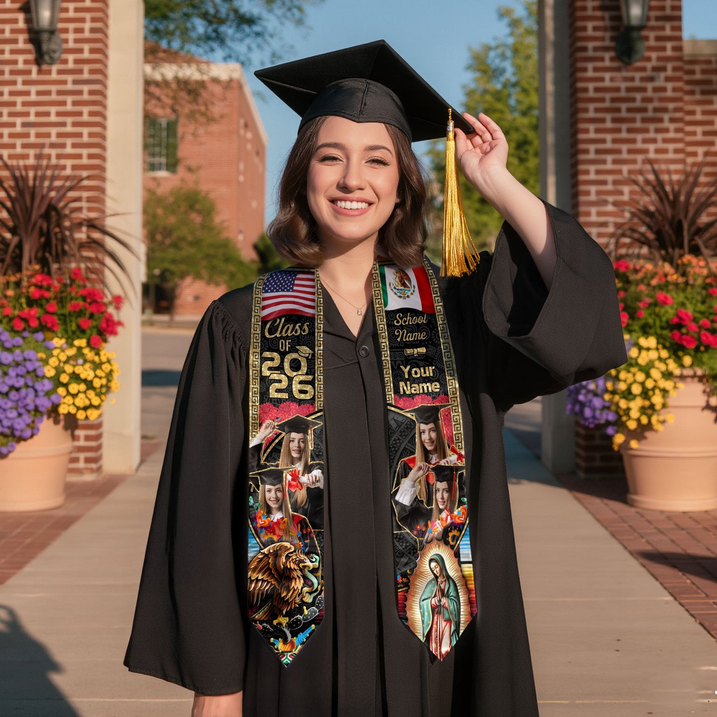 Custom Photo Mexican Stoles for Graduation 2026 Aztec Eagle & Virgin Mary USA Flag Sash