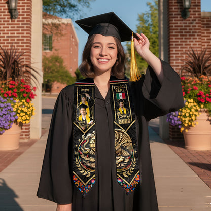Custom Photo Mexican Graduation Stole 2026 Aztec Eagle Gold Serape Graduation Sash Mexico