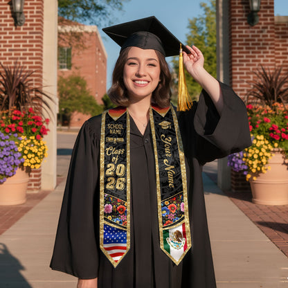 Custom Class of 2026 Graduation Stole – Personalized USA & Mexico Flag Senior Sash with Floral Gold Design