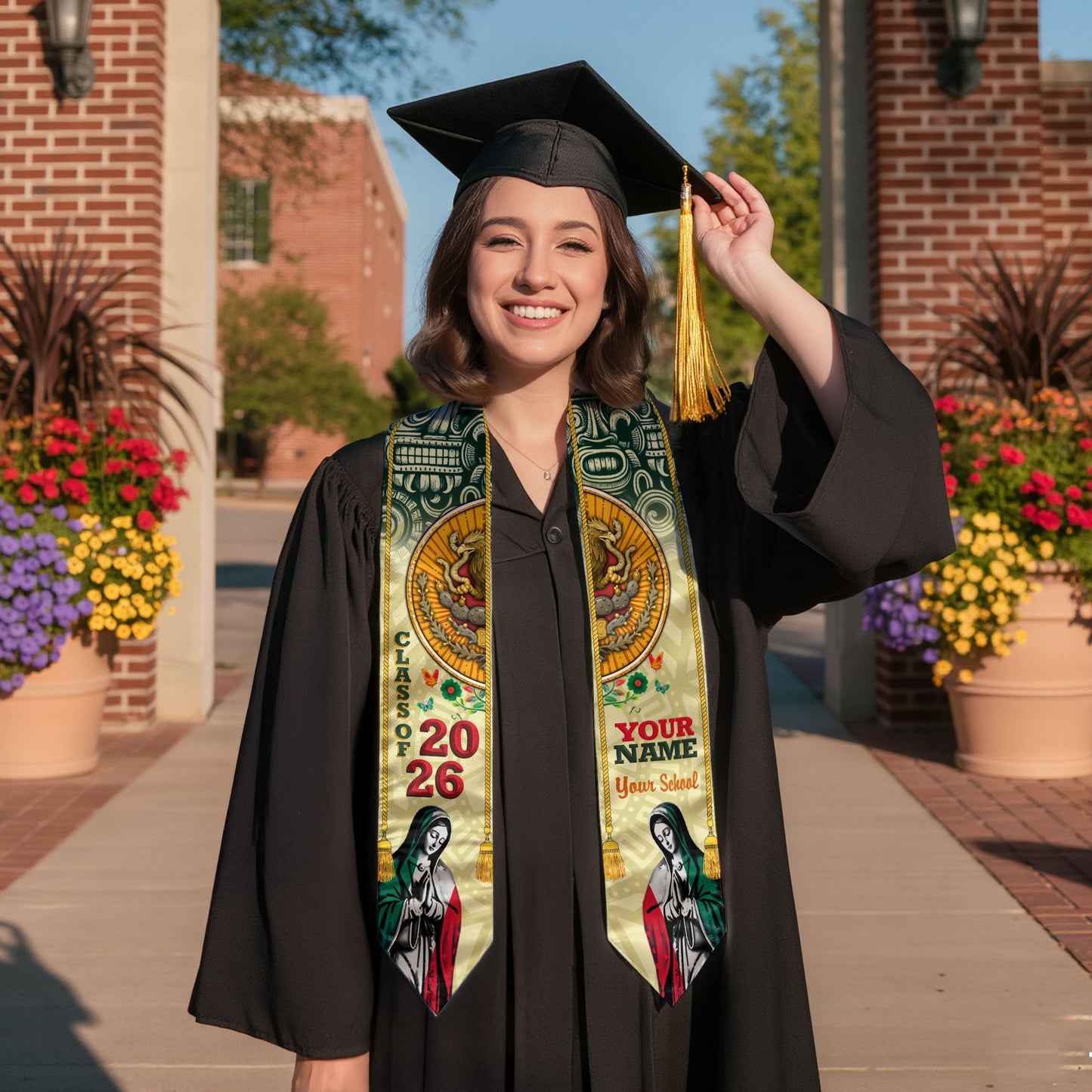 Custom Aztec Sun & Virgen Graduation Stole 2026 – Personalized Class of 2026 Senior Sash with School Name