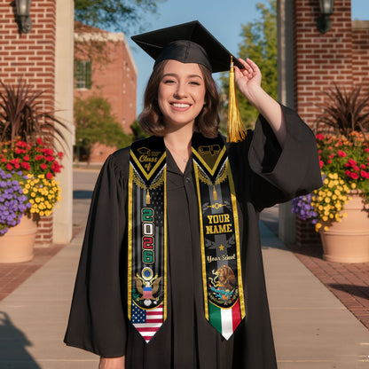Custom USA Mexico Heritage Graduation Stole 2026 – Personalized Senior Sash with Eagle Crest & National Flag Design