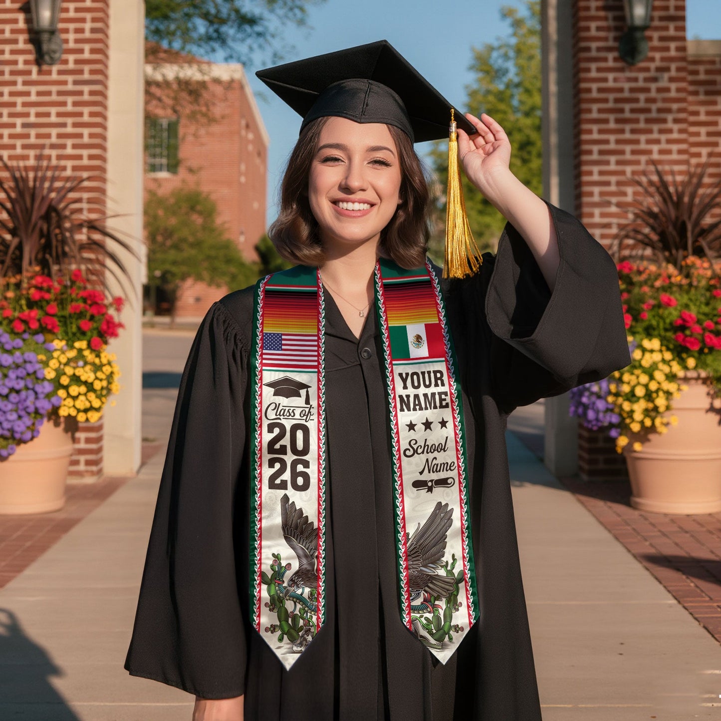 Custom Mexican Graduation Stole Mexico USA Flag Eagle Serape Class 2026