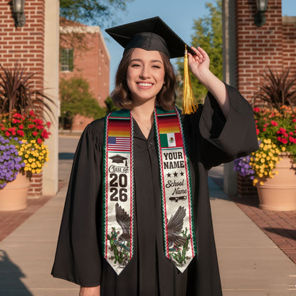 Custom Mexican Graduation Stole Mexico USA Flag Eagle Serape Class 2026