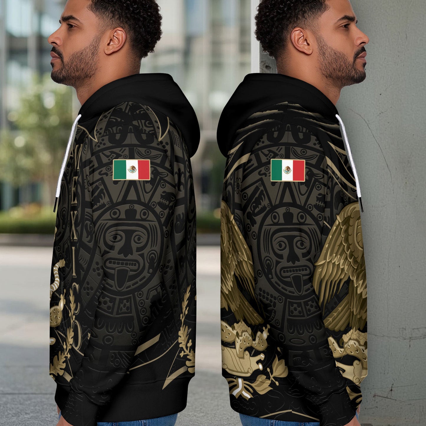 Mexican Black Gold Eagle Snake Flag Aztec Heritage Mens Sudadera De Mexico Hoodie