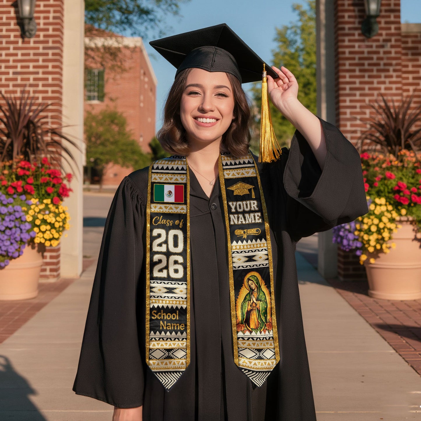 Mexican Graduation Stole Aztec Pattern Virgin Mary Flag Gold Tribal Custom Sash