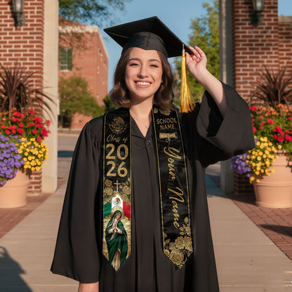 Mexican Graduation Stole Aztec Eagle Virgin Mary Rose Flag Custom Sash 2026