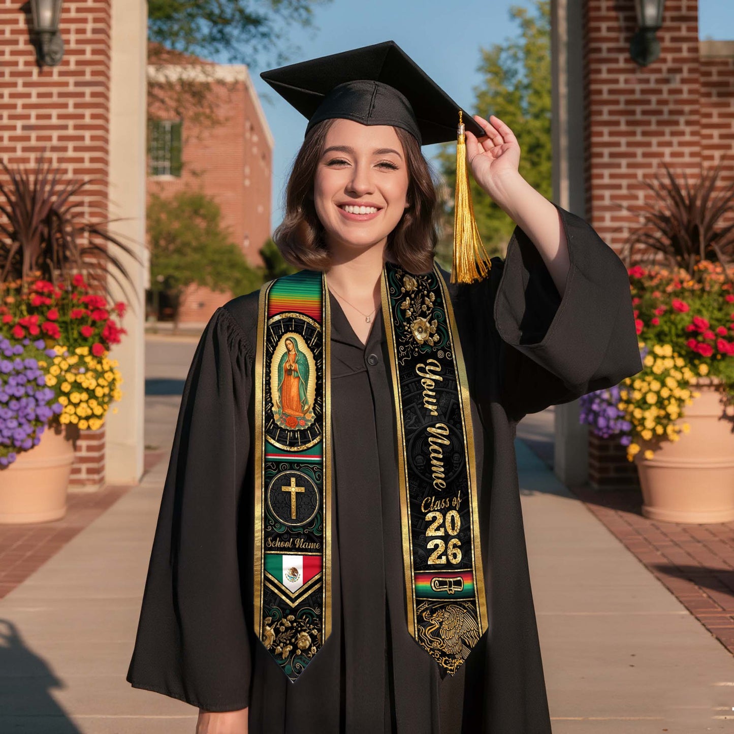 Mexican Graduation Stole Aztec Eagle Virgin Mary Cross Floral Flag Custom Sash