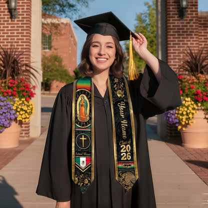 Mexican Graduation Stole Aztec Eagle Virgin Mary Cross Floral Flag Custom Sash