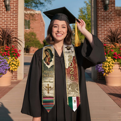 Mexican Graduation Stole Aztec Eagle Virgin Mary Cross Flag Custom Sash 2026