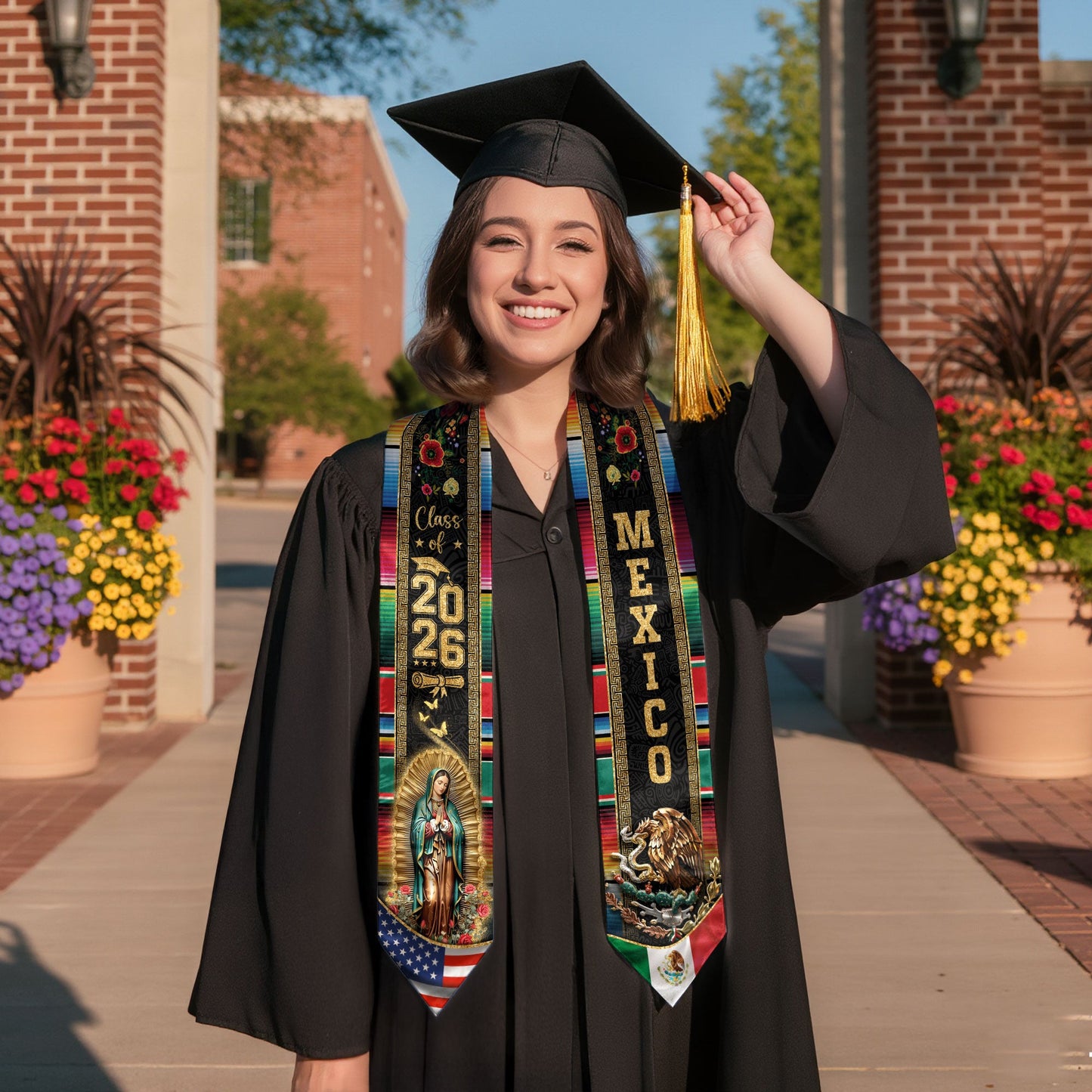 Mexican Graduation Stole Mexico USA Flag Aztec Eagle Virgin Mary Serape 2026