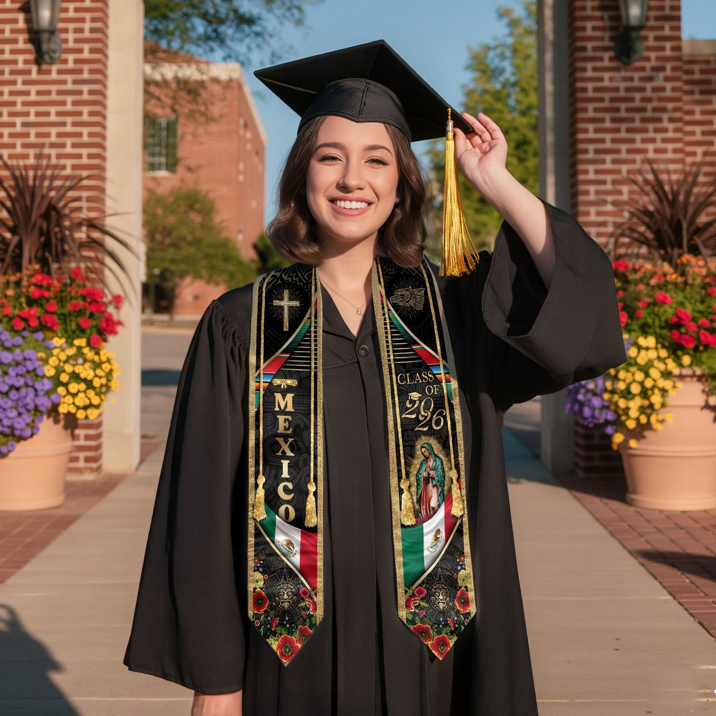 Mexican Graduation Stole Class of 2026 Aztec Calendar Cross Virgin Mary Mexico Flag Sash