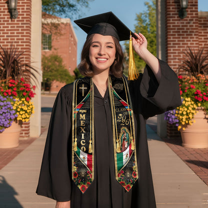 Mexican Graduation Stole Class of 2026 Aztec Calendar Cross Virgin Mary Mexico Flag Sash