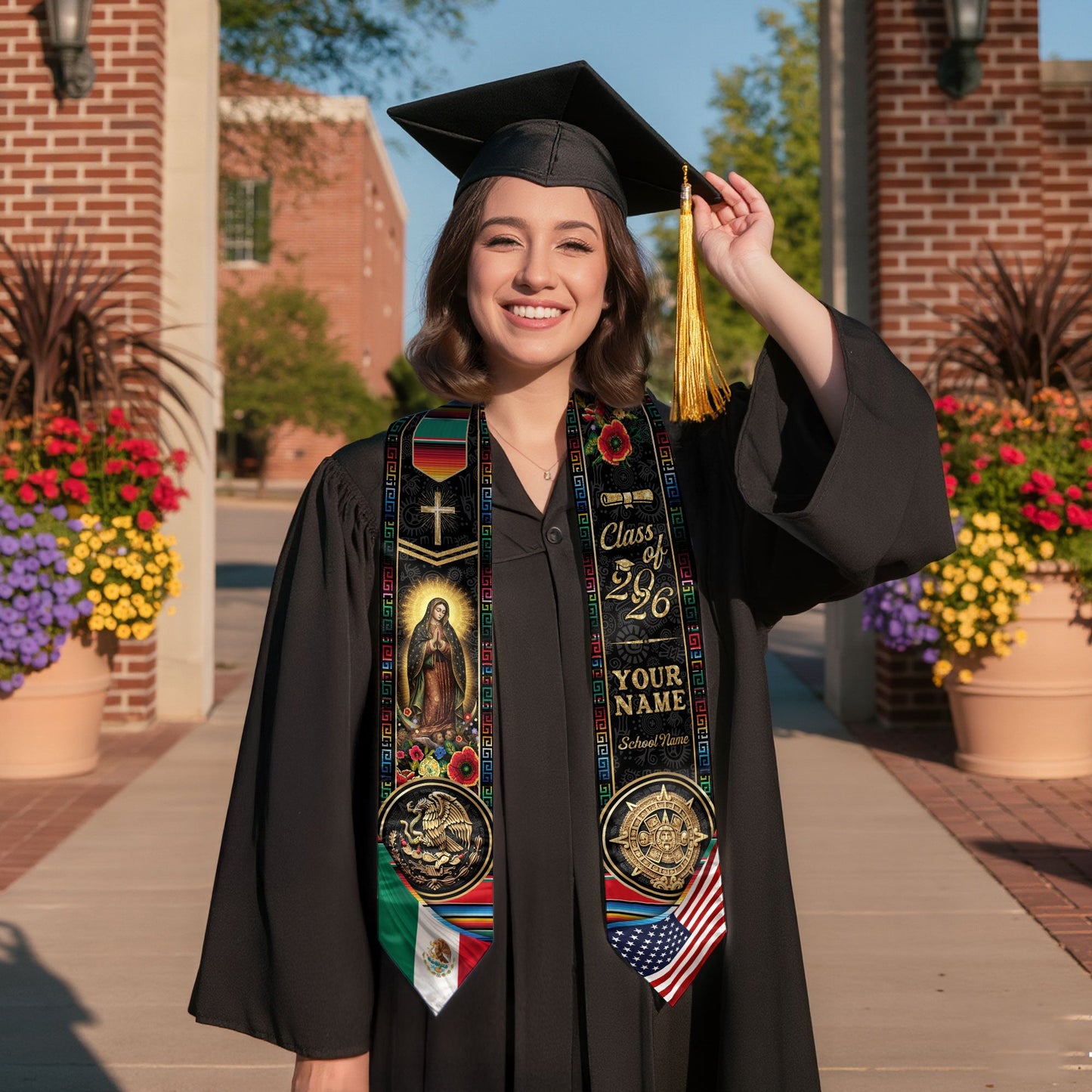 Custom Mexico USA Graduation Stole 2026 Virgin of Guadalupe Aztec Calendar Heritage Sash