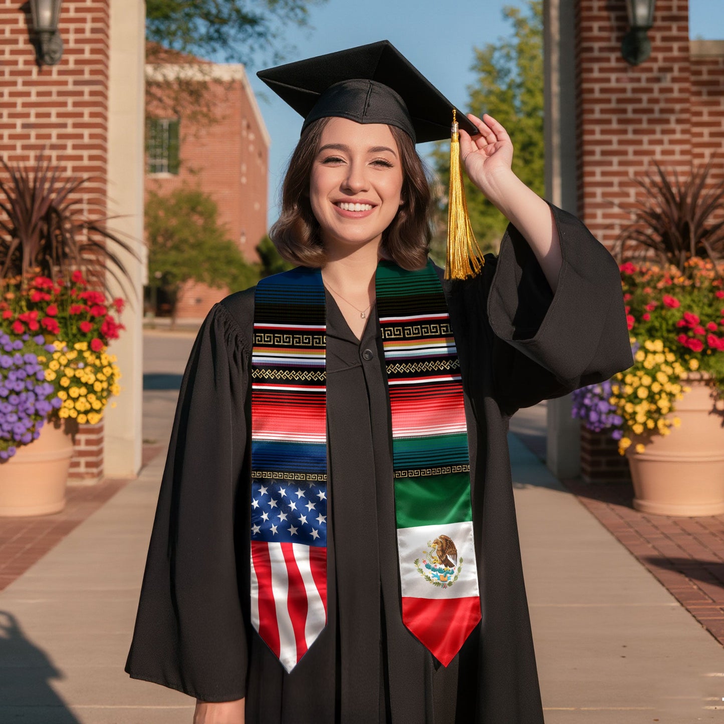 Mexican Heritage Graduation Stole - Aztec Eagle & Pyramid Heritage Sash