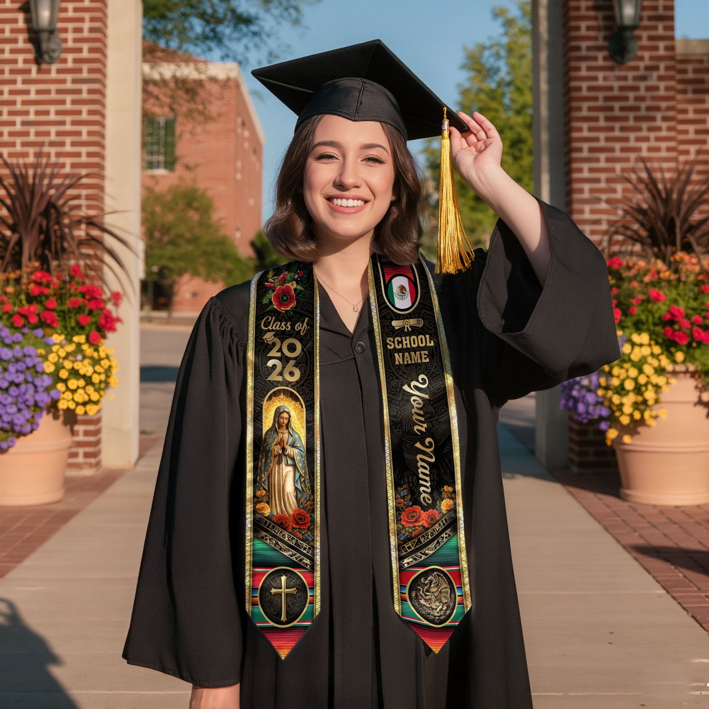 Mexico Class of 2026 Graduation Stole Custom Name Guadalupe Cross Sash