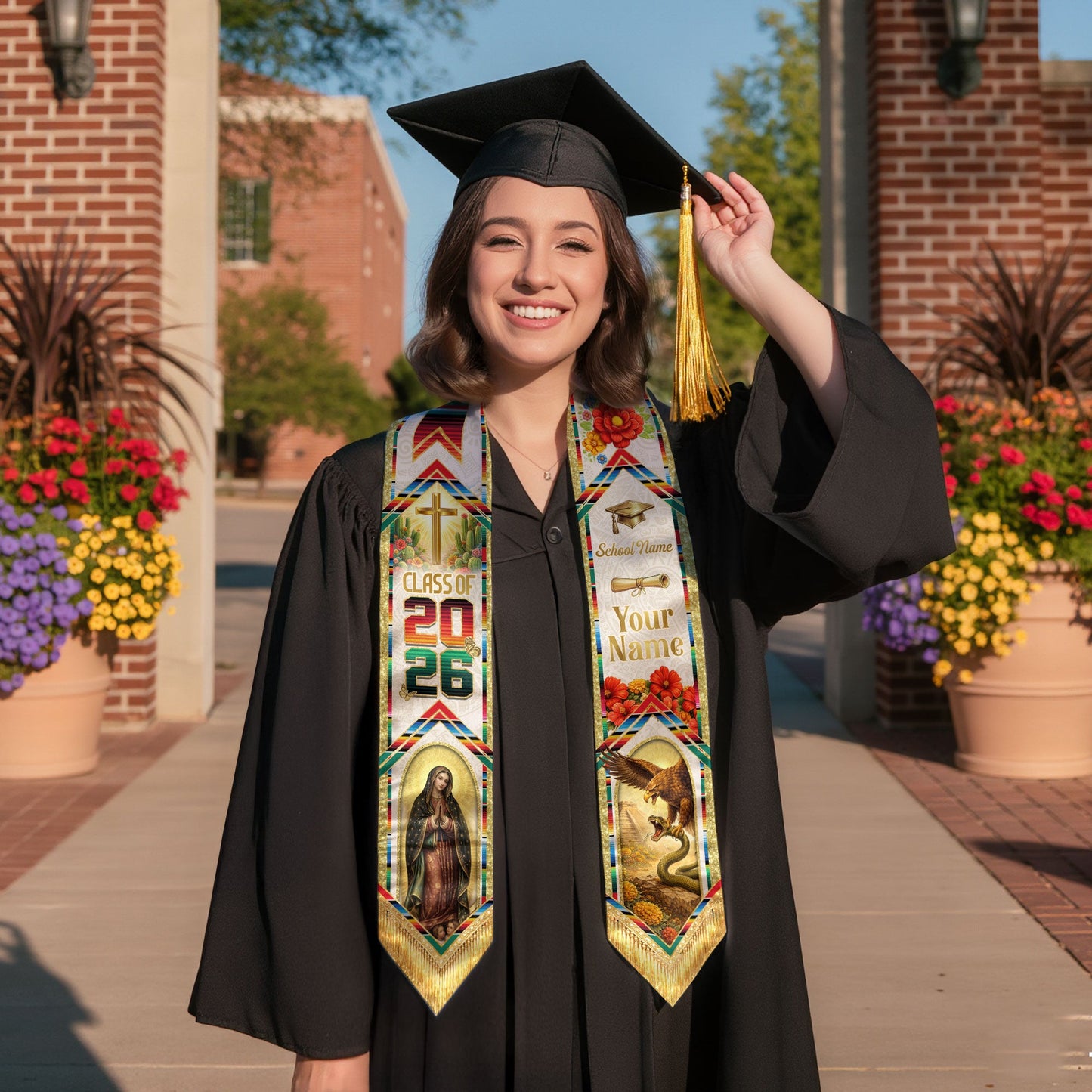 Mexico Graduation Stole Custom 2026 Guadalupe Eagle Cross Serape Sash Gift