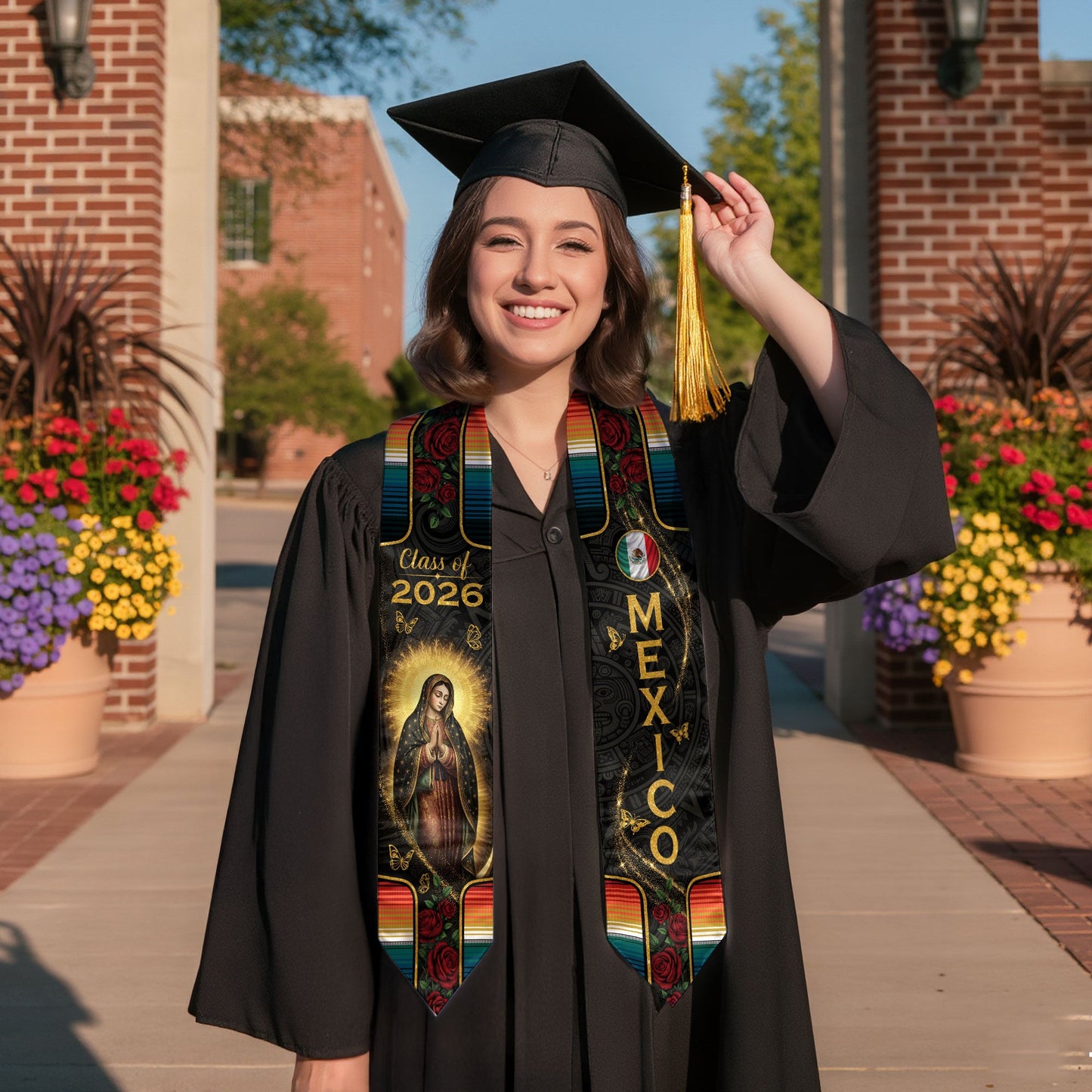 Mexico Graduation Stole 2026 - Floral Gold Cross Heritage Serape Sash