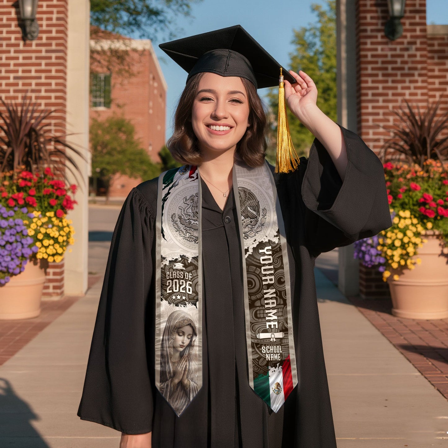 Custom Mexican Graduation Stole Class of 2026 Virgin Mary Guadalupe Heritage Sash Gift