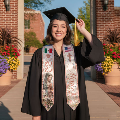 Mexican American Graduation Stole 2026 Virgin Mary Mexico USA Flag Floral Sash