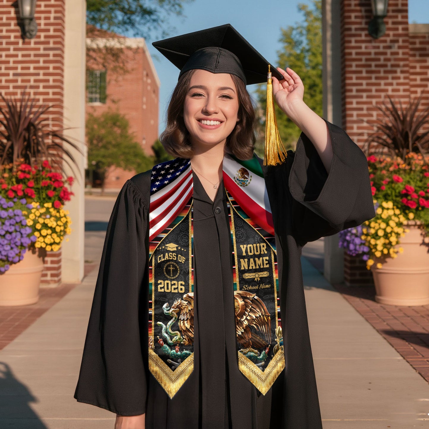 Mexico Graduation Stole 2026 Custom Name School USA Mexican Flag Eagle Heritage Sash