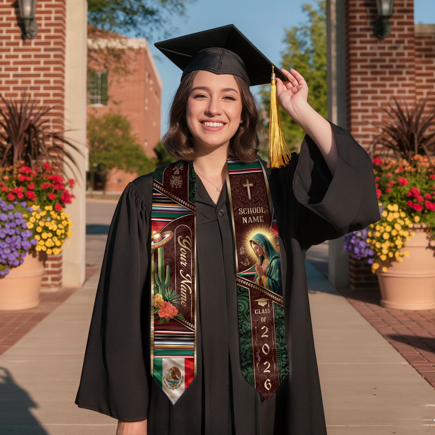Custom Mexican Graduation Stole 2026 Virgin Mary Cactus Sombrero Name School Sash