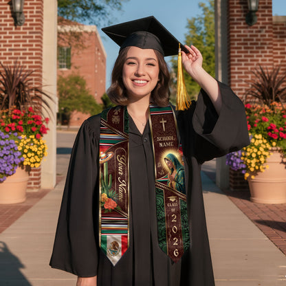 Custom Mexican Graduation Stole 2026 Virgin Mary Cactus Sombrero Name School Sash