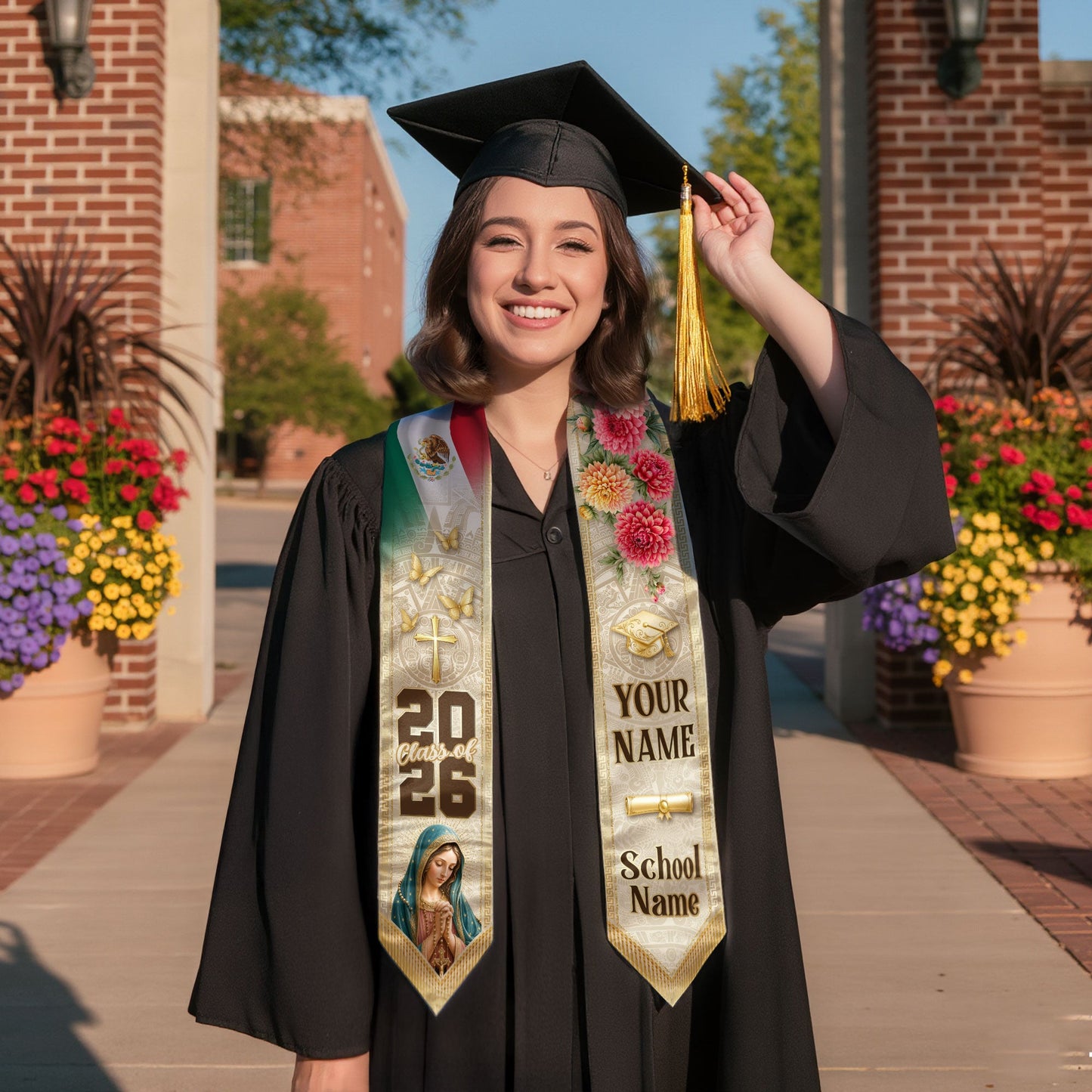 Personalized Mexico Graduation Stole 2026 Virgin Mary Dahlia Floral Mexican Flag Sash