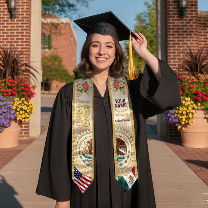 Mexico USA Graduation Stole Class of 2026 - Personalized Dual Heritage Floral Gold Sash
