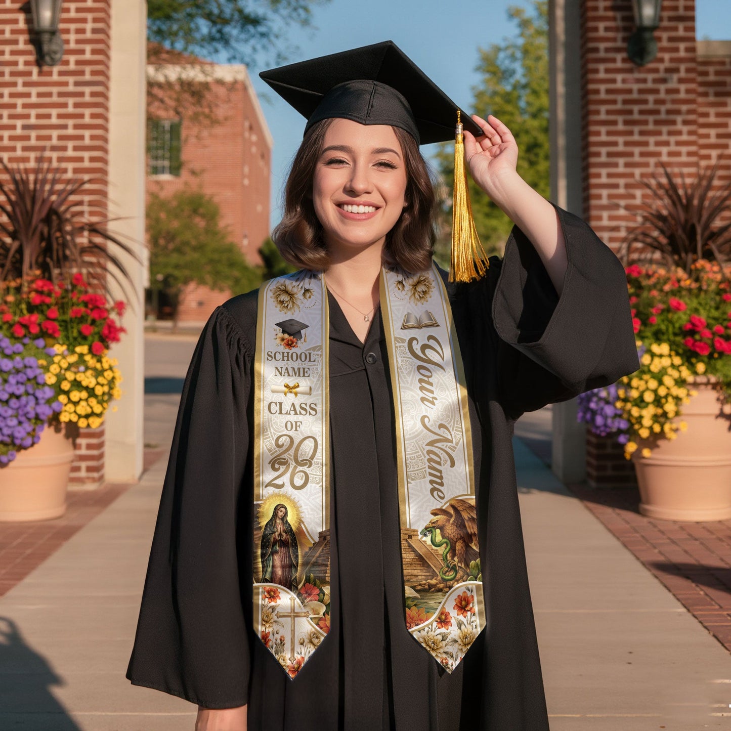 Virgin Mary Graduation Stole 2026 - Personalized Mexican Heritage Guadalupe Gold Sash