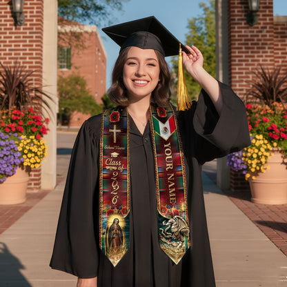 Custom Mexican Heritage Graduation Stole 2026 Virgin Mary Serape Eagle Sash
