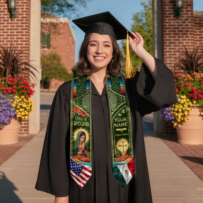 Custom Mexico USA Flag Graduation Stole 2026 Virgin Mary Heritage Sash