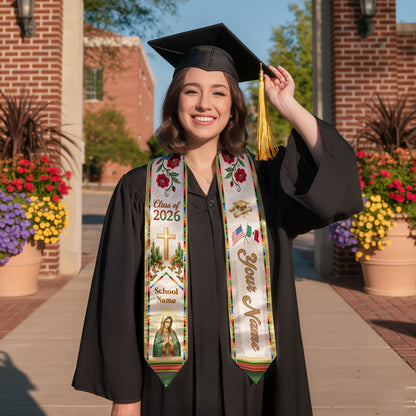 Mexican Heritage Graduation Stole 2026 - Custom Name School Virgin Mary Cross Floral Sash