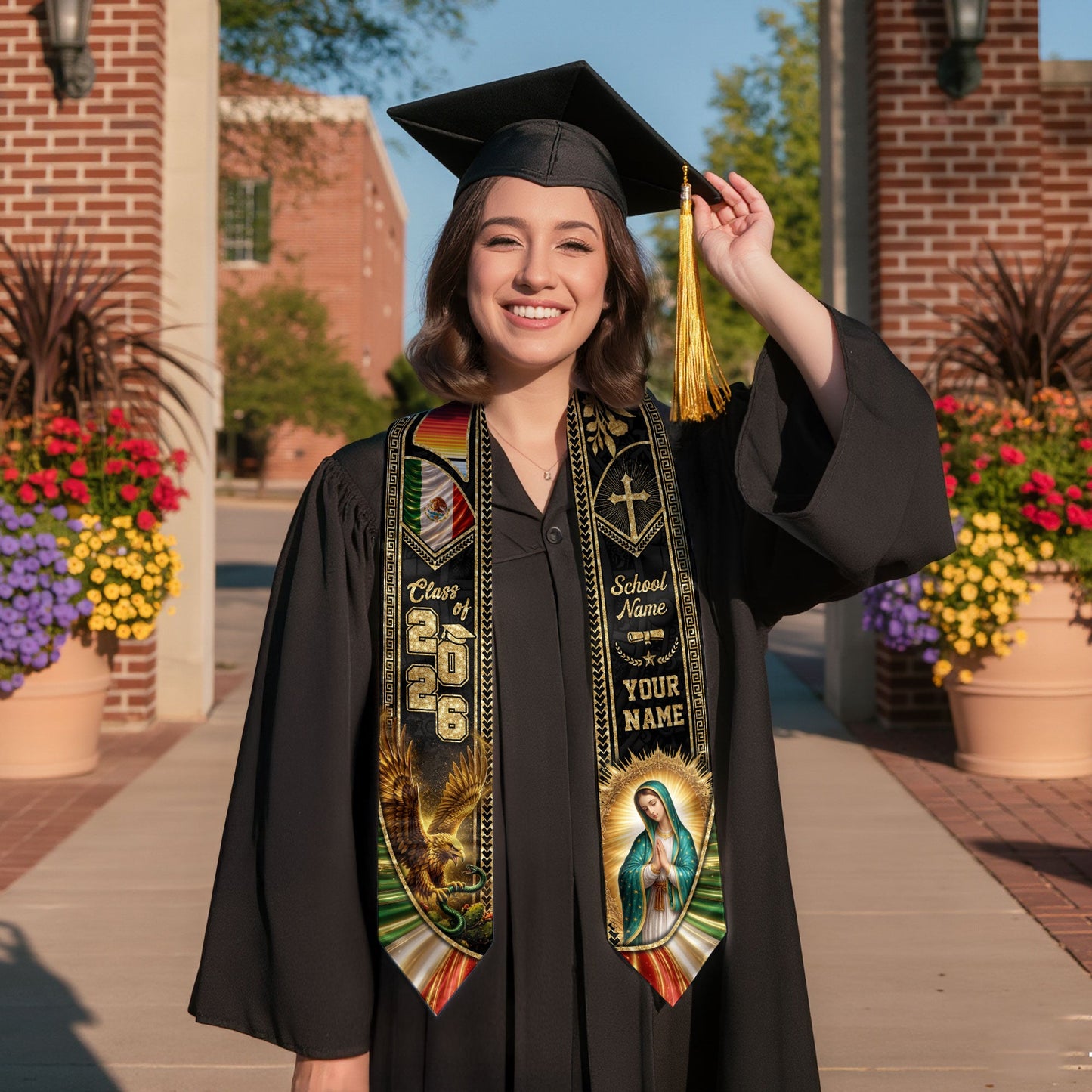 Mexico Graduation Stole 2026 Virgin Mary Eagle Personalized Mexican Heritage Sash