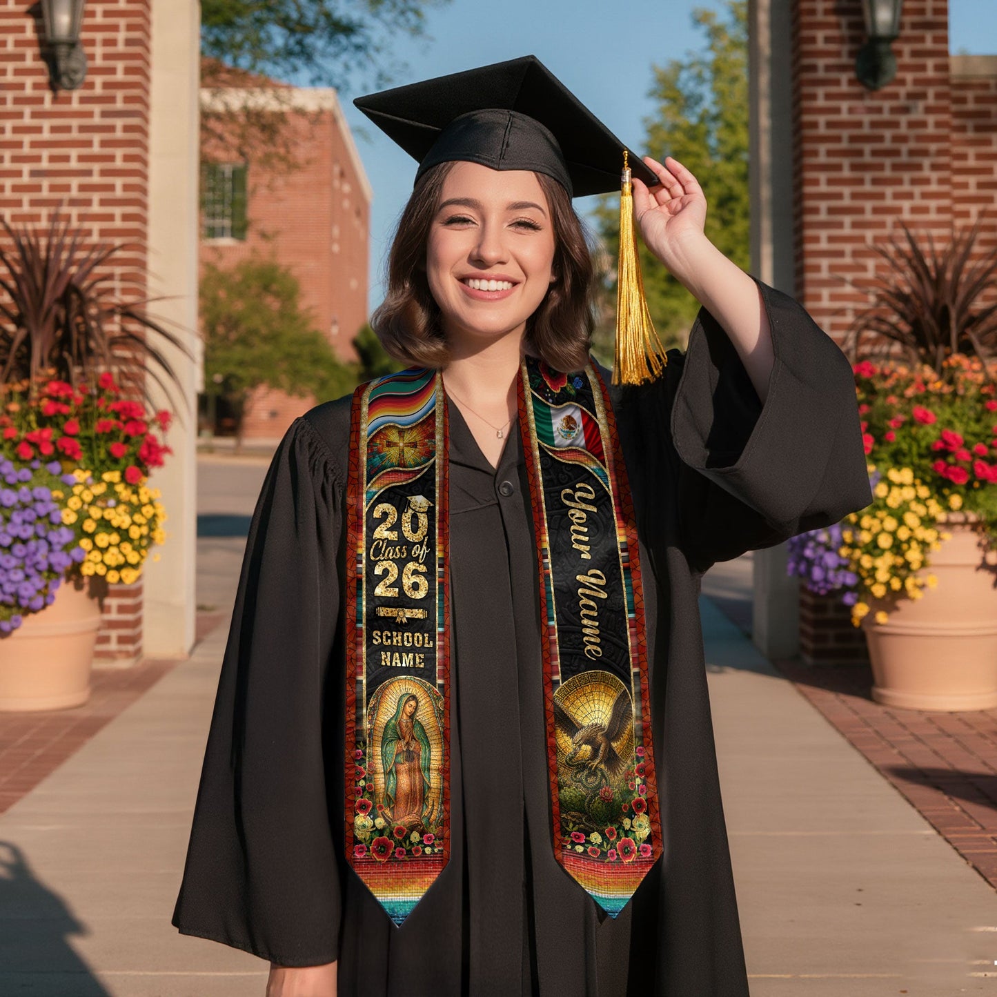 Mexico Graduation Stole 2026 Virgin Mary Eagle Serape Personalized Heritage Mosaic Sash