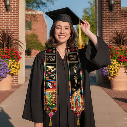 Custom Mexico Graduation Stole 2026 Tassels Virgin Mary Eagle Serape Sash