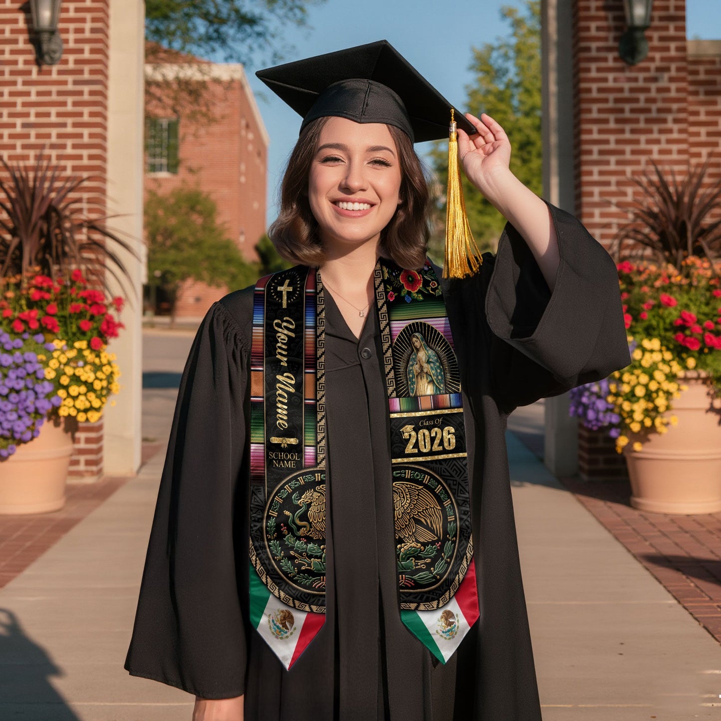 Mexican Flag Graduation Stole 2026 - Personalized Name School Eagle Serape Sash