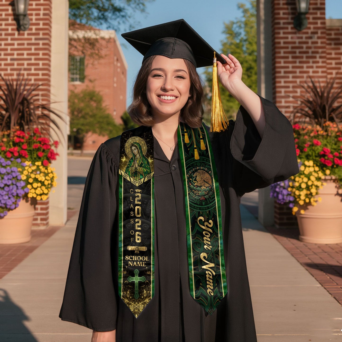 Mexican Heritage Graduation Stole 2026 - Custom Name Green Gold Virgin Mary Cross Sash