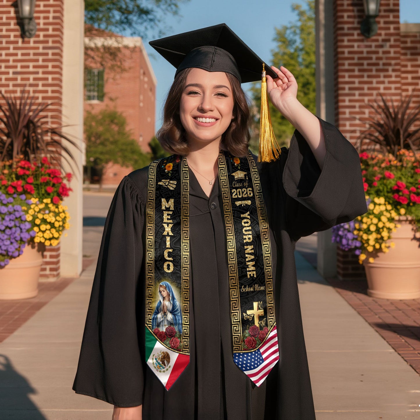 Custom Mexico Graduation Stole 2026 Virgin Mary Eagle Flag Mexican Sash