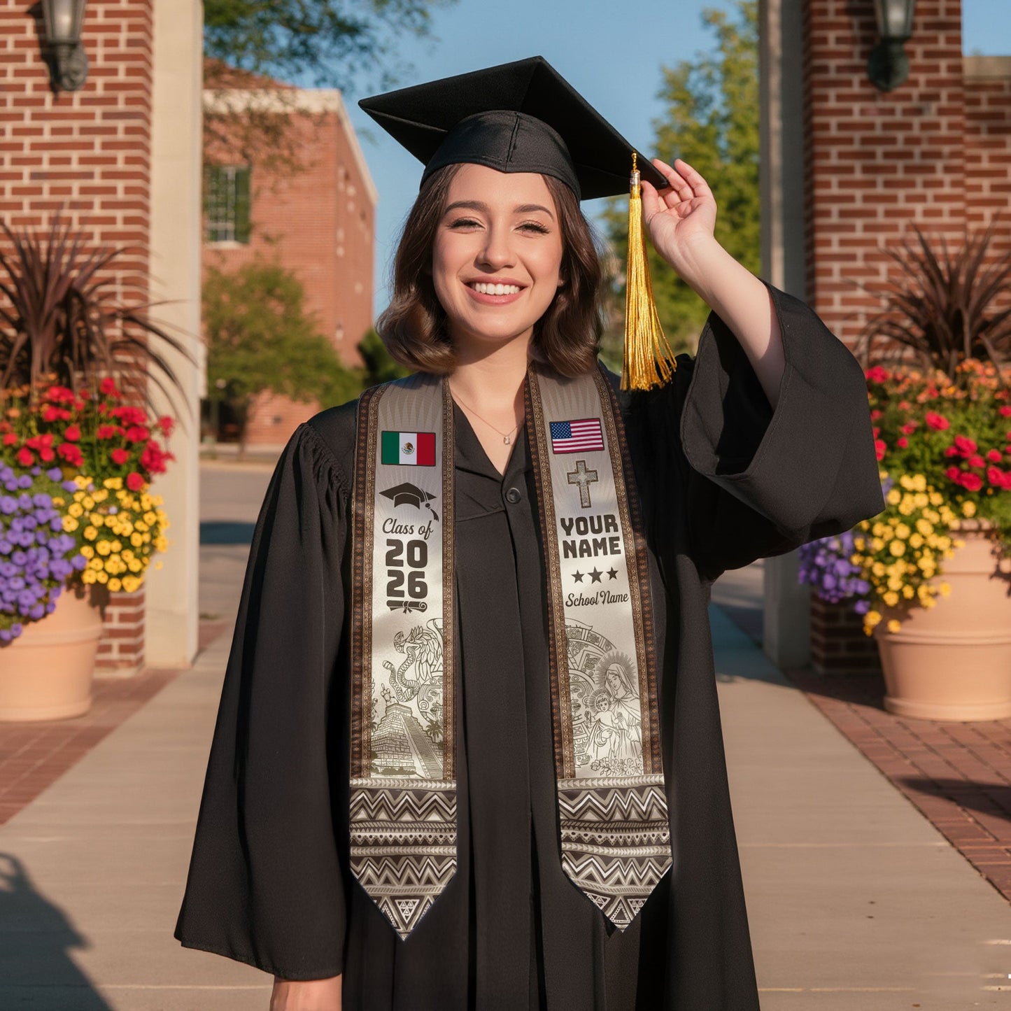 Mexico Graduation Stole 2026 Chichen Itza Aztec Pyramid Personalized Mexican Sash